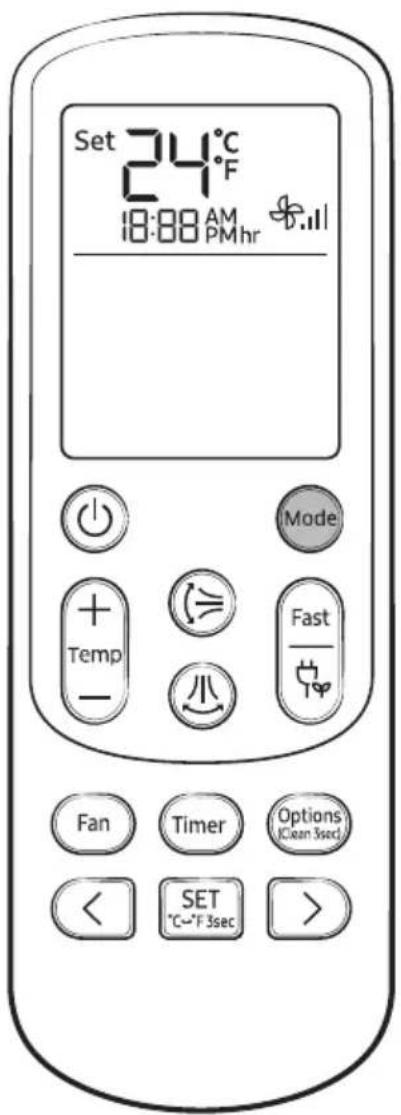 Set 24°C 18:88 AM PMhr Mode + Temp - Fast Fan Timer Options (Clean 5sec) SET °C~°F 3sec >