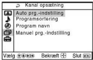 Kanal opsætning Auto prg.-indstilling Programsortering Program navn Manuel prg.-indstilling Vælg Bekræft Slut