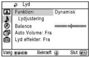 Lyd Funktion: Dynamisk Lydjustering Balance Auto Volume: Fra Lyd effekter: Fra Vælg Bekræft Slut
