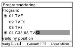 Programsortering Program: ● 01 TVE ○ 02 TVE2 ○ 03 TV3 ● 04 C33 03 TV3 Vælg ny position Vælg [-ΔH] Bekrælt [∅] Atslut [MENU]