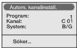 Autom. kanalinställ. Program: 1 Kanal: C 01 System: B/G Söker...