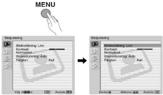 MENU Bildjustering Bildinställning: Live Kontrast: Normalinst. Brusreducing: Auto Färglon: Kali Välj. Akkivera: AVsluta 1230 Bildjustering Bildinställning: Live Kontrast: Normalinst. Brusreducing: Auto Färglon: Kali Backa: Aktivera: Avsluta 1240