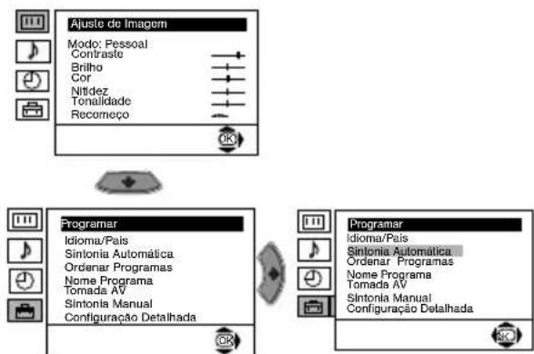 Ajuste de Imagem Modo: Pessoal Contraste Brilho Cor Nitzdez Tonalidade Recomeço Programar Idioma/País Sintonia Automática Ordenar Programas Nome Programa Tomada AV Sintonia Manual Configuração Detalhada Programar Idioma/País Sintonia Automática Ordenar Programas Nome Programa Tomada AV Sintonia Manu…