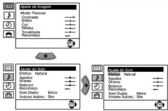 graph TD A["Aluste de Imagem"] --> B["Mode: Pessoal"] A --> C["Contraste"] A --> D["Briho"] A --> E["Cor"] A --> F["Nilidez"] A --> G["Tonalidade"] A --> H["Recomejo"] A --> I["OK"] J["Aluste do Som"] --> K["Efeitos: Natural"] J --> L["Agudos"] J --> M["Graves"] J --> N["Balanco"] J --> O["Recomejo"…