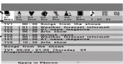 01 Món 02 Tio 03 Ons 04 Tor 05 Pre 06 Lor 07 50n 7:07:01 TV1 00:30 Songs from the shows TV2 01:30 Weather forecast informati TV3 02:30 At news magazine TV4 06:30 Arts show TV5 07:30 Oclock news TV6 08:30 Weather forecast informati TV7 09:30 At news magazine TV8 10:30 Arts show Songs from the shows TV1 00:30 - 01:30 Thursday 04 Programme description Spela in Pàminn