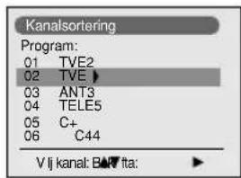 Kanalsortering Program: 01 TVE2 02 TVE ▶ 03 ANT3 04 TELE5 05 C+ 06 C44 V I kanal: BARTA