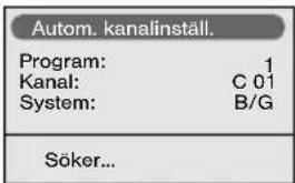 Autom. kanalinställ. Program: 1 Kanal: C 01 System: B/G Söker...
