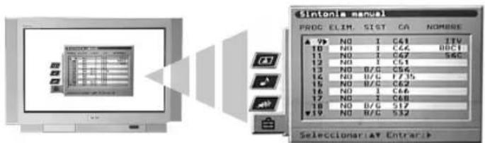 Sintonic manual PROC ELIM. SIST CA NOMBRE ▲ 97 NO I C61 ITV 10 NO I C64 BBC1 11 NO I C67 SAC 12 NO I C51 13 NO B/C C54 14 NO B/C F735 15 NO B/C C62 16 NO I C66 17 NO I C68 18 NO B/C S17 ▼19 NO B/C S32 Selectionar:AT Entrar>