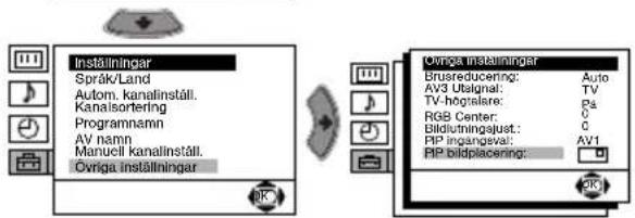 Inställningar Språk/Land Autom. kanalinställ. Kanalsortering Programnamn AV namn Manuell kanalinställ. Ovriga installningar Ovriga installningar Brusreducing: Auto AV3 Utsignal: TV TV-hogtslare: Pa RGB Center: C Bildivningjust: C PP ingangeval: AV1 PP bidplacing: OK