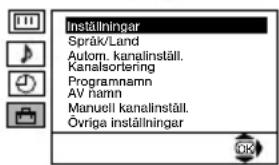 Inställningar Språk/Land Autom. kanalinställ. Kanalsortering Programnamn AV namn Manuell kanalinställ. Övriga inställningar