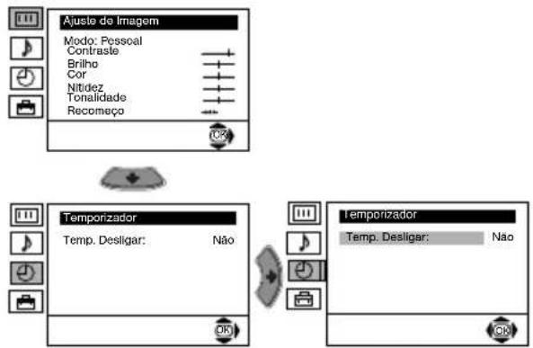 graph TD A["Ajuste de Imagem"] --> B["Modo: Pessoal"] B --> C["Contraste"] C --> D["Briho"] D --> E["Cor"] E --> F["Nitidez"] F --> G["Tonalidade"] G --> H["Recomeço"] I["Temporizador"] --> J["Temp. Desligar: Não"] K["Temporizador"] --> L["Temp. Desligar: Não"]