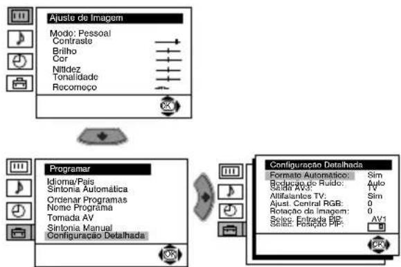 graph TD A["Ajuste de Imagem"] --> B["Modo: Pessoal"] A --> C["Contraste"] A --> D["Briho"] A --> E["Cor"] A --> F["Nitidez"] A --> G["Tonalidade"] A --> H["Recomeço"] I["Programar"] --> J["Idioma/Pais"] I --> K["Sintonia Automática"] I --> L["Ordenar Programas"] I --> M["Nome Programa"] I --> N["To…