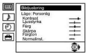 Bildjustering Läge: Personlig Kontrast Ljusstyrka Färg Skårpa Färgton Normalinst.