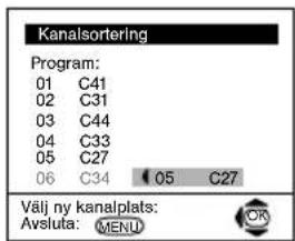 Kanalsortering Program: 01 C41 02 C31 03 C44 04 C33 05 C27 06 C34 05 C27 Välj ny kanalplats: Avsluta: MENU