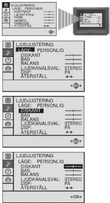 LJUDJUSTERING LÄGE: PERSONLIG KONTRAST LJUDSTYRKA SKÄMPA FABRITAL ÄTERSTÄLL LJUDJUSTERING LÄGE: PERSONLIG DISKANT BAS BALANS LJUDKANALSVAL: STEREO DSP: PA ÄTERSTÄLL LJUDJUSTERING LÄGE: PERSONLIG DISKANT BAS BALANS LJUDKANALSVAL: STEREO DSP: PA ÄTERSTÄLL LJUDJUSTERING LÄGE: PERSONLIG DISKANT BAS BALANS LJUDKANALSVAL: STEREO DSP: PA ÄTERSTÄLL