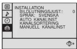 INSTALLATION BILDLUTNINGSJUST: 0 SPRAK: SVENSKA AUTO KANALINST KANALSORTERING MANUELL KANALINST