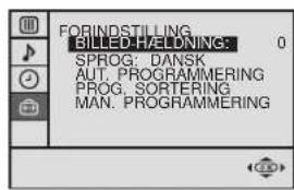 FORINDSTILLING BILLED HÆLDNING: 0 SPROG: DANSK AUT. PROGRAMMERING PROG. SORTERING MAN. PROGRAMMERING