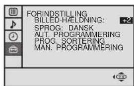 FORINDSTILLING BILLED-HÆLDNING: SPROG: DANSK AUT. PROGRAMMERING PROG. SORTERING MAN. PROGRAMMERING