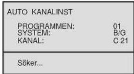 AUTO KANALINST PROGRAMMEN: 01 SYSTEM: B/G KANAL: C 21 Söker...