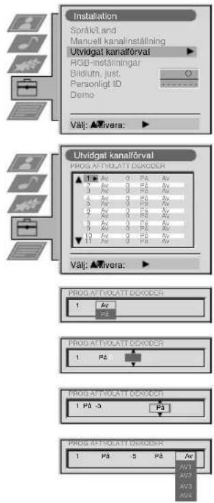 Installation Språkland Manuell kanalinställning Utvidgat kanalförval RGB-inställningar Bildiutn, Just. Parsonligt ID Demo Välj: ▲Rivera: ▶ Utvidgat kanalförval PROG-AFTVOLATT DEKODER 1 Av 0 Pa Av 2 Av 0 Pa Av 3 Av 0 Pa Av 4 Av 0 Pa Av 5 Av 0 Pa Av 6 Av 0 Pa Av 7 Av 0 Pa Av 8 Av 0 Pa Av 9 Av 0 Pa Av 10 Av 0 Pa Av 11 Av 0 Pa Av Välj: ▲Rivera: ▶ PROG-AFTVOLATT DEKODER 1 Av Pa PROG-AFTVOLATT DEKODER 1 Pa PROG-AFTVOLATT DEKODER 1 Pa -3 Pa PROG-AFTVOLATT DEKODER 1 Pa -3 Pa Av Av1 Av2 Av3 Av4