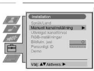 Installation Språk/Land Manuell kanatinställning Utvlogat kanatförval RGB-inställningar Bildutin_just Personligt ID Demo Välj: ▲▲ Aktivera: ▶