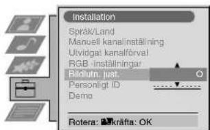 Installation Språk/Land Manuell kanalinställning Uvlidgat kanalförval RGB -inställningar Bödlut in ut. Personligt id Demo Rotera: Bökräfta: OK