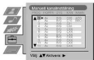 Manuell kanalinstätning PROC POPPA SYS KAN NAMN ▲ 50 Av 50 CXX 450 20 Av 50 C1 BBC 30 Av 50 D3 40 Av 50 D8 50 Av 50 CXX 60 Av 50 CXX 70 Av 50 CXX 80 Av 50 CXX 90 Av 50 CXX 100 Av 50 CXX ▼ 11 Av 50 CXX Välj: ▲ Aktivera: