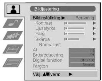 Bildjustering Bildinställning ▶ Personalig Kontrast ▶ Ljusslyrka ▶ Färg ▶ Skårpa ▶ Normalinst. AI ▶ Brusreducing ▶ Digital funktion ▶ Färfton ▶ DRC 100 Normal Välj: ▲Rivera: ▶