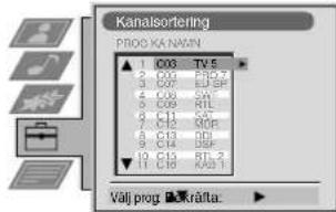 Kanalsortering PROG KA NAVIN 1 IOB TV 5 2 C07 BRL 7 3 C08 EU SP 4 C09 SM 5 C09 RIL 6 C11 SA 7 C12 Qor 8 C13 DZ 9 C14 SIF 10 C15 RT 3 11 C16 A01 Välj prog Krárta: ▶