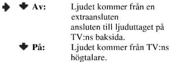 Av: Ljudet kommer från en extraansluten ansluten till ljuduttaget på TV:ns baksida. På: Ljudet kommer från TV:ns högtalare.