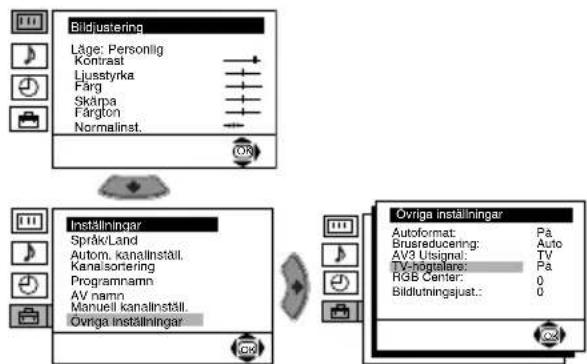 Bildjustering Läge: Personlig Köntraat Lijusstyrka Färg Skärpa Färgton Normalinst. Installningar Språk/Land Autom. kanallinställ. Kanalsortering Programnarmn AV namn Manuell kanallinställ. Övriga inställningar Övriga inställningar Autoformat: Pa Brushreducing: Auto AV3 Utsignal: TV TV-robotilare: Pa RGB Center: 0 Bildlutningsjust.: 0