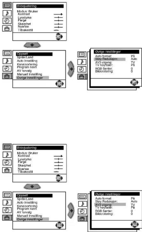 graph TD A["Bildejustering"] --> B["Modus: Bruker"] A --> C["Konstrø"] A --> D["Lysstyrke"] A --> E["Farge"] A --> F["Skarphet"] A --> G["Nyanse"] A --> H["Tilbakestill"] I["Ovrige Innstillinger"] --> J["Auto format: På"] I --> K["Støy Reduksjen: Auto"] I --> L["AV3 utgang: TV"] I --> M["TV hoyttale…