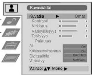 Kuvasādōt Kuvatia ▶ Omat Kontrasi Kirkkaus Vankylāisyyss Terāvyys Palautus Al Ora Kohinayimennus Ora Digitalitla DRC 100 Vārisāvy Nonnasi Valitse: ▲▼ Mene: