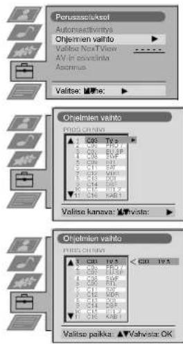 Perusselluksoi Automactivativos Ohjelmen valto Valise NonTVView AV-In-convolution Accrimus Valise: None: Ohelmien valto PROG CHARTO 1 C03 Ty 5 2 C04 EU 5F 3 C05 EU 5F 4 C06 EU 5F 5 C07 EU 5F 6 C08 EU 5F 7 C09 EU 5F 8 C10 EU 5F 9 C11 EU 5F 10 C12 EU 5F 11 C13 EU 5F Valise kanava: Vista: Ohelmien valto PROG CHARTO 1 C04 19.5 < C04 19.5 1 C05 19.5 2 C06 19.5 3 C07 19.5 4 C08 19.5 5 C09 19.5 6 C10 19.5 7 C11 19.5 8 C12 19.5 Valise paikka: Valvesta: OK
