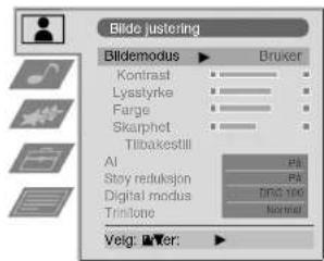 Bilde justering Bildemodus Kontrast Lysstyrke Farge Skarphet Tilbakestil AI Stay reduksjon Digital modus Tristone Bruker PA PA DWG 100 Normal Veig: Driver: