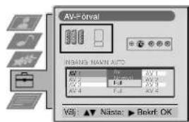 AV=Orval NAV: NAV AUTO AV 1 AV 2 AV 3 AV 4 Välj: ▲ Nästa: ▶ Bekrf. OK