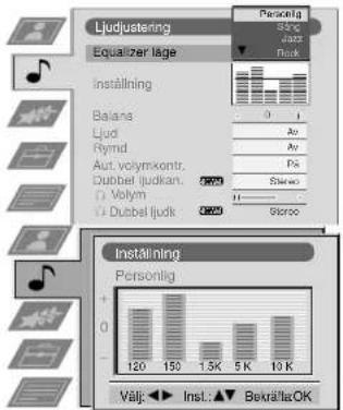Ljudjustering Equalizer lage Personlig Shrc Jass Deck Inställning Balans Ljud Au Rynd Av Aut. volymxons. Dubbel judikan. Volym Stereo Dubbel ljudk Stereo Inställning Personlig 120 150 1.5K 5K 10K Välj: Inst.: BexräftsOK