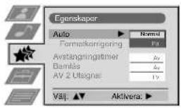 Egenskaper Auto ▶ Name1 Formatkarrigering F4 Avstängningstimer 3x Bamlås 2x AV 2 Utsigns 1x Väj. ▼ Aktivera. ▶