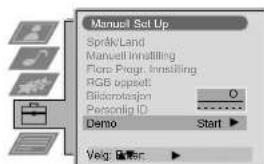 Manual Set Up SprakLand Manuell Innsilling Flor Progr. Innsilling RGB upside: Bidemotioner Personlig ID Demo Start Veig: Baser