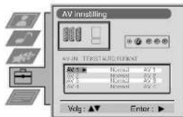 AV in installing AV IN TEXTURE Format AV 1 Normal AV 1 AV 2 Normal AV 2 AV 3 Normal AV 3 AV 4 Normal AV 4 Volg: ▲ Enter: ▶