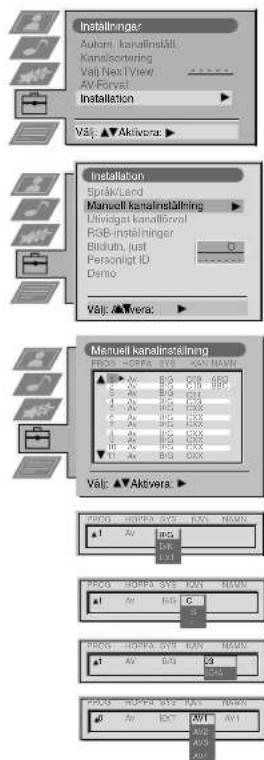 Instellninger Autom kanalinställt Kanalinstelling Välj Nes TView AV/Rovat Installation Välj: ▲Aktivera: ▲ Installation Språk/Land Manuell kanalinstelling Ullniglet kanalforvoll RSB-instellninger Bildutb, just Personligt ID Demo: Välj: Aktivera: ▲ Manuell kanalinstelling PROG -HCPA -TVS -KV NAVN 1 AV -BG -CB -ABD 2 AV -BG -CB -BBF 3 AV -BG -CB 4 AV -BG -CBX 5 AV -BG -CBX 6 AV -BG -CBX 7 AV -BG -CBX 8 AV -BG -CBX 9 AV -BG -CBX 10 AV -BG -CBX 11 AV -BG -CBX Välj: ▲Aktivera: ▲ PROG HHPRA SYS -RVN -HMNN 1 AV -BG -C PROG HHPRA SYS -RVN -HMNN 1 AV -BG -C PROG HHPRA SYS -RVN -HMNN 1 AV -BG -C PROG HHPRA SYS -RVN -HMNN 1 AV -BG -C PROG HHPRA SYS -RVN -HMNN 1 AV -BG -C PROG HHPRA SYS -RVN -HMNN 1 AV -BG -CA