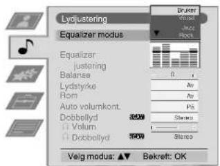 Lydjustering Equalizer moduli Equalizer Justoring Balance Lydstyrke Hom Auto volumkont. Dobbellyd Volume Dobbellyd Volg moduli: ▲▼ Bakreft: OK