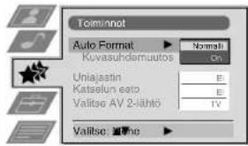 Toiminnot Auto Format ▶ Normal Kuvauhdermuutos On Uniajastin E: Katselun eeto B Valitse AV 2-lähtö TV Valitse: 📄
