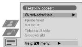 Tekat-TV oppsett Øvre/Nedre/Hele Fjeme tekst Via skjult Tidsinnstilt side Sideoversik! Velg: ▲▼ meny: ▲