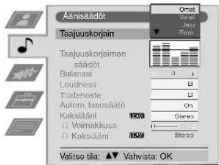 Äänisäädot Taajuuskorjain Teajuuskorjaimen säädöt Balansä Loudness Tristehöste Autom. lassõätü Kaksiläni Voimakkurus Kaksiläni Omal Vahvista: OK