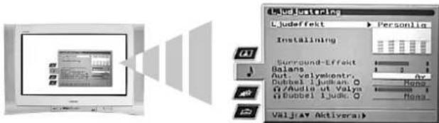 Ljudeffekt Personla Installing Surround-Effect Balans Aut. velykcentr. Dubbel i judekan: Ω/Audio ut Valys Ω/Dubbel i jude: Vajl (A) Aktivera)