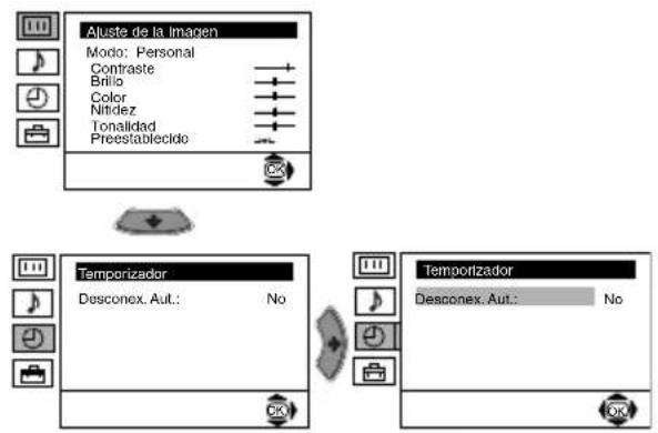 graph TD A["Aluste de la imagen"] --> B["Modo: Personal"] B --> C["Contraste"] C --> D["Brillo"] D --> E["Color"] E --> F["Nitdez"] F --> G["Tonalidad"] G --> H["Proestablecido"] I["Temporizador"] --> J["Desconex. Aut.: No"] K["Temporizador"] --> L["Desconex. Aut.: No"]
