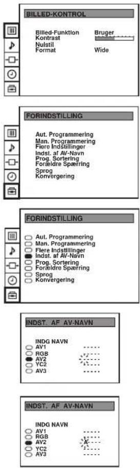 BILLED-KONTROL Billed-Funktion Kontrast Nulstil Format Bruger Wide FORINDSTILLING Aut. Programming Man. Programming Fiere Indstillinger Indst. af AV-Navn Prog. Sortering Forældre Spæring Sprog Konvergering FORINDSTILLING Aut. Programming Man. Programming Fiere Indstillinger Indst. af AV-Navn Prog. Sortering Forældre Spæring Sprog Konvergering INDST. AF AV-NAVN INDG NAVN AV1 RGB AV2 YC2 AV3 INDST. AF AV-NAVN INDG NAVN AV1 RGB AV2 YC2 AV3