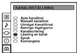 KANALINSTÄLLNING Auto kanalinst Manuell kanalinst Utvidgat Kanaltörval Namnige Ingångarna Kanalsortering Läsning av kanai Sprak Konvergens