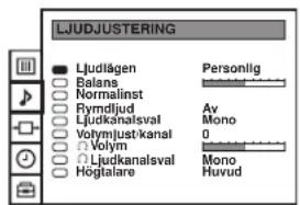 LJUDJUSTERING Ljudlågen Personlig Balans Normalinst Rymdljud Av Ljudkanalsval Mono Volymjust-kanal 0 Volym Ljudkanalsval Mono Högtalare Huvud